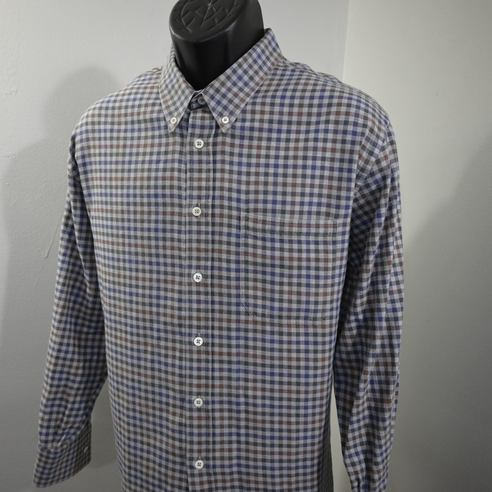 Billy Reid Button Up Dress Shirt Mens XL Standard Cut Gray Blue Brown Plaid LS